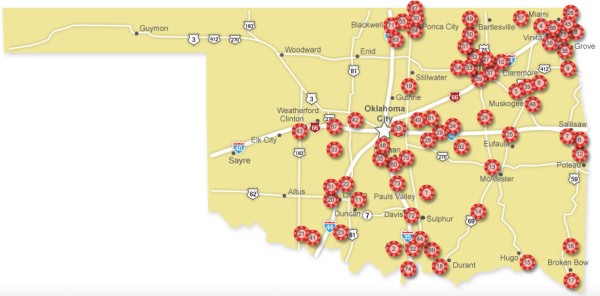 Map showing all the casinos in Oklahoma.