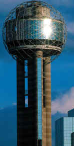 Reunion Tower at the Hyatt Regency Hotel complex in Dallas, Texas