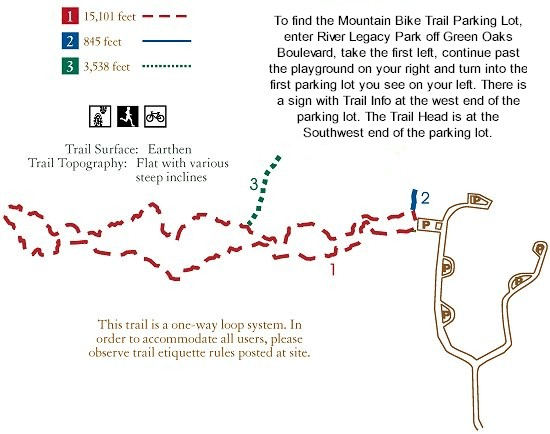 Map showing directions to the River Legacy Mountain Bike Trail.