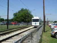 One of the now gone downtown Fort Worth Tandy Subway trains making its mile long journey to the heart of downtown Fort Worth.
