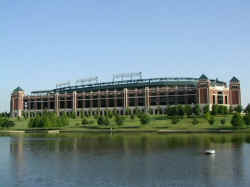 The lake on the north side of the Ballpark in Arlington.