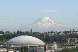 The Tacoma Dome and Mount Rainier.