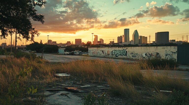 An overgrown lot with graffiti-covered walls in the foreground, with a modern Texas city skyline glowing in the sunset in the background