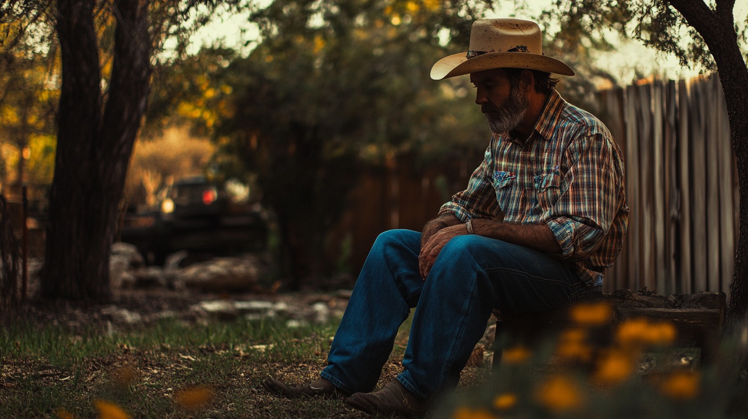 A bearded man wearing a cowboy hat, plaid shirt, and jeans sits on a wooden bench outdoors, looking down in deep thought. The warm evening sunlight casts a golden glow on the scene, with trees and a wooden fence in the background