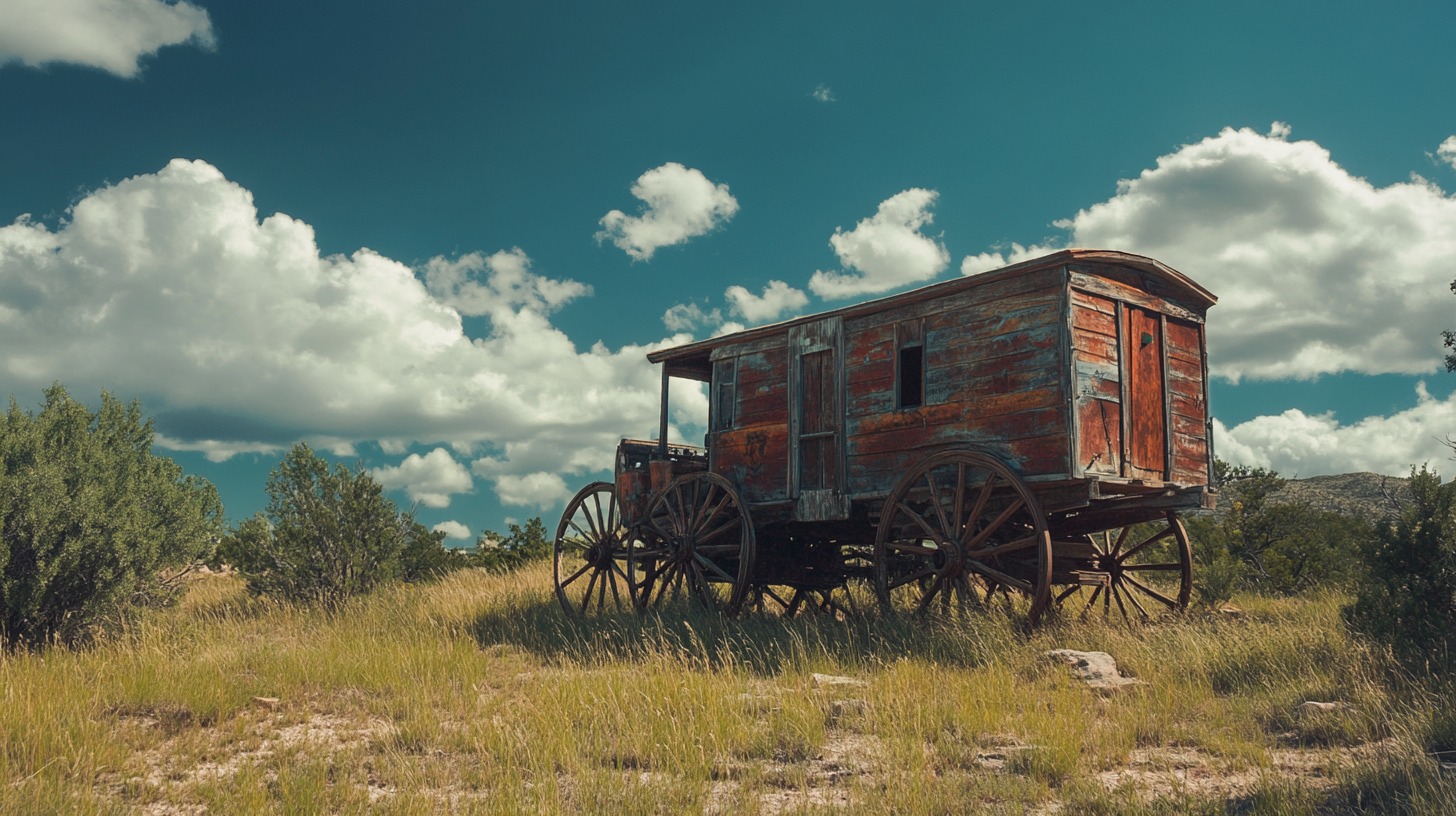 An old, weathered wooden wagon with faded red paint and large wooden wheels sits abandoned in a grassy field under a bright blue sky with fluffy white clouds.