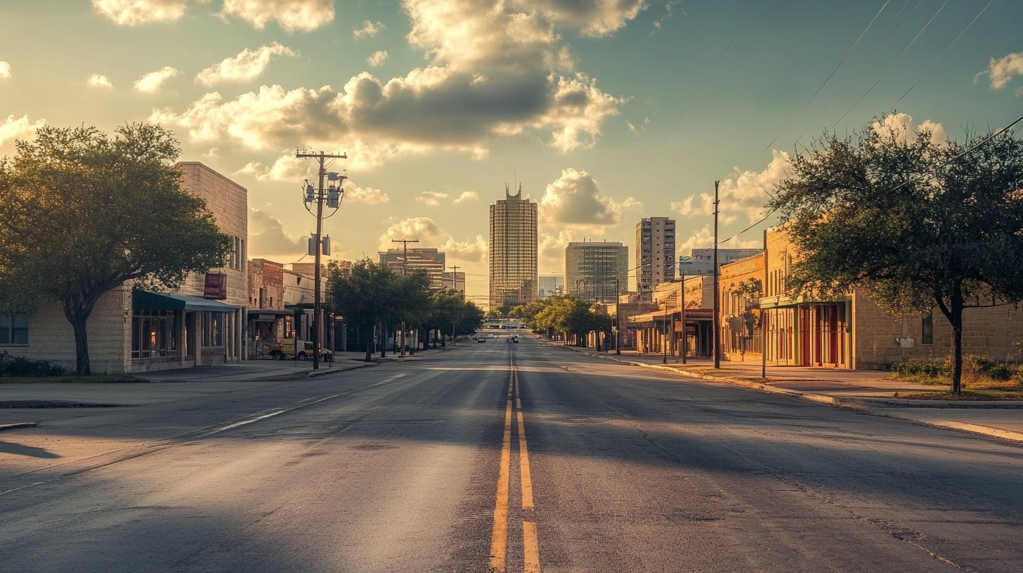 A quiet street lined with historic buildings and trees leads to a modern city skyline in the distance, under a golden sunset sky