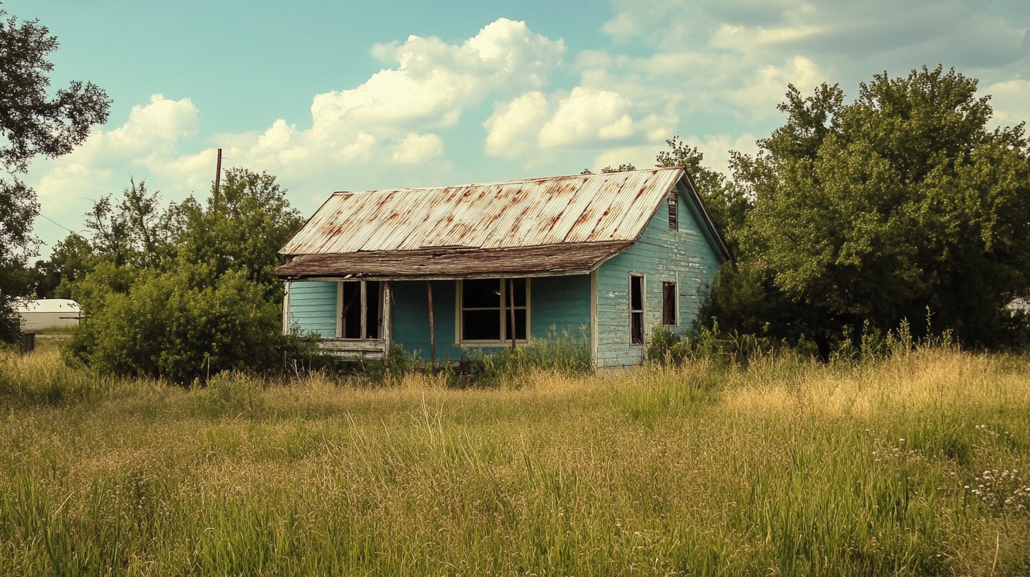 An old, abandoned blue house with a rusted metal roof sits in the middle of overgrown grass, surrounded by lush green trees under a bright sky with fluffy white clouds