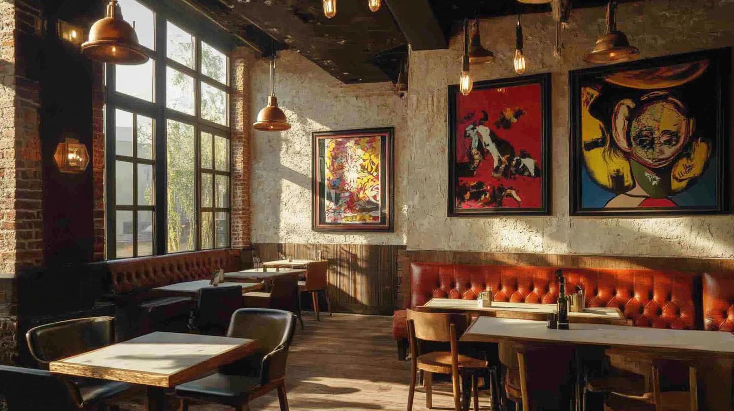 A stylish restaurant interior featuring exposed brick walls, large industrial windows, warm leather seating, wooden tables, and contemporary artwork with bold colors hanging on textured walls