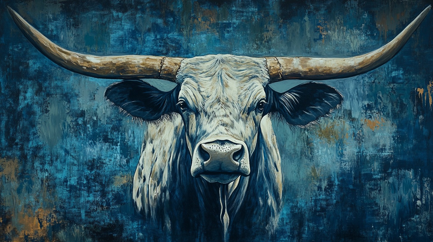 A detailed painting of a Texas Longhorn with massive curved horns, set against a textured blue background with rustic brushstrokes