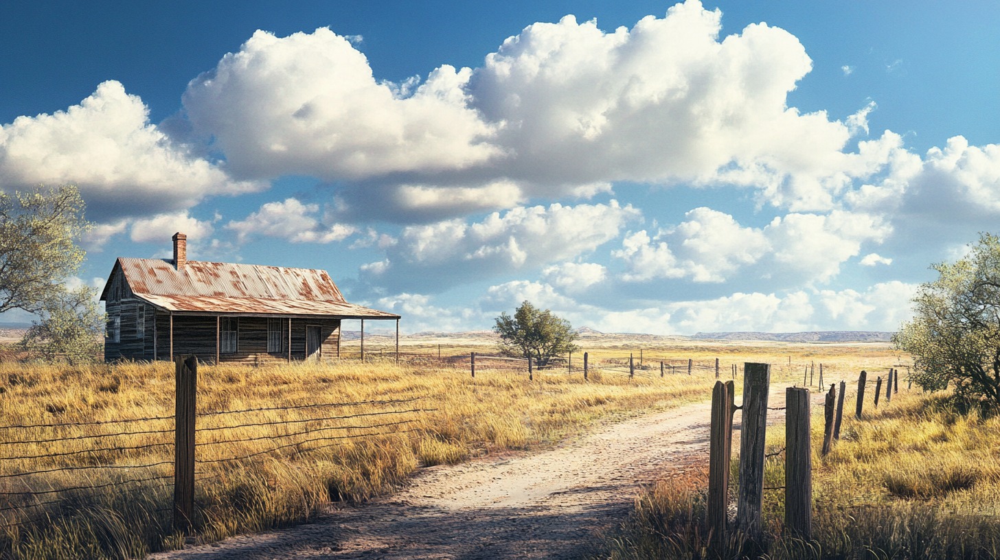 An old wooden farmhouse with a rusted metal roof stands alone in a vast rural landscape, surrounded by dry grass, a dirt road, and a wire fence under a bright blue sky with fluffy white clouds