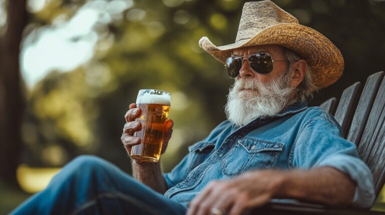 An older man with a white beard, cowboy hat, and sunglasses sits in a wooden chair outdoors, holding a glass of beer. He wears a denim shirt and exudes a relaxed, classic Texan vibe