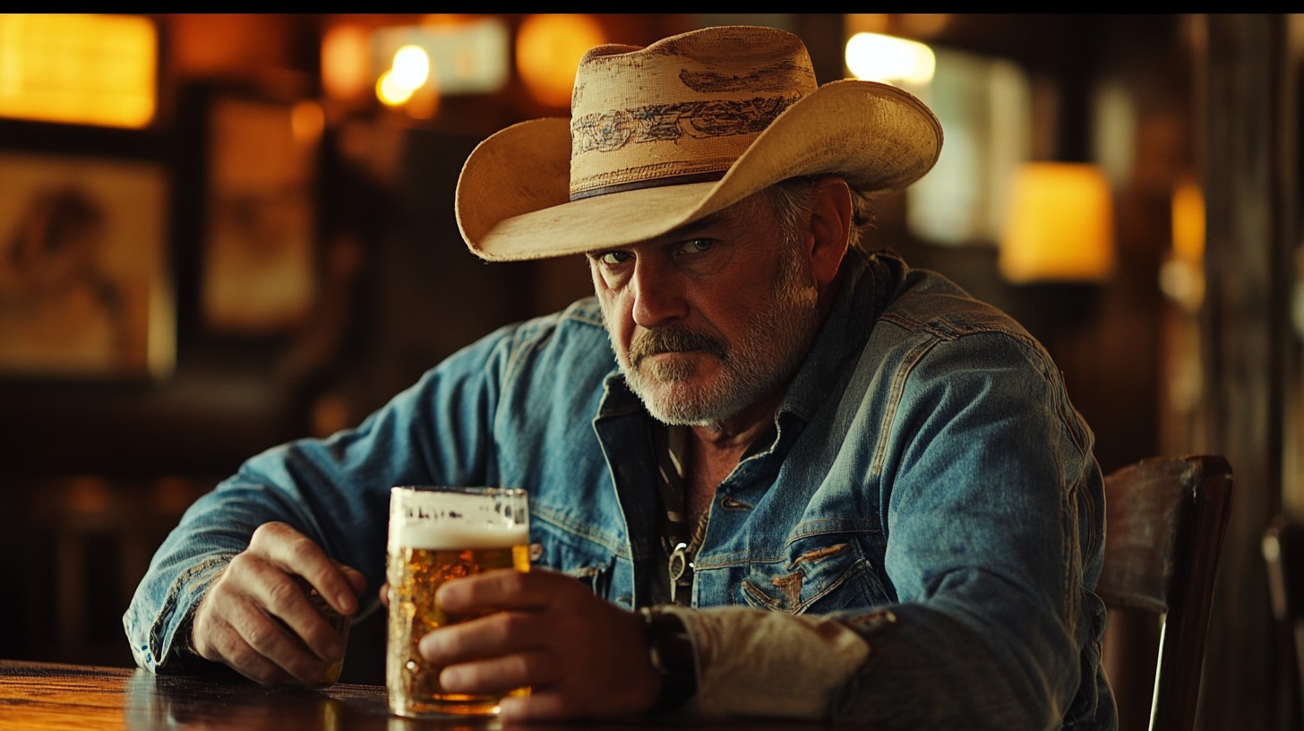 An older cowboy in a denim jacket and straw hat sits at a wooden bar, holding a glass of beer with a serious expression. Warm lighting fills the rustic bar setting