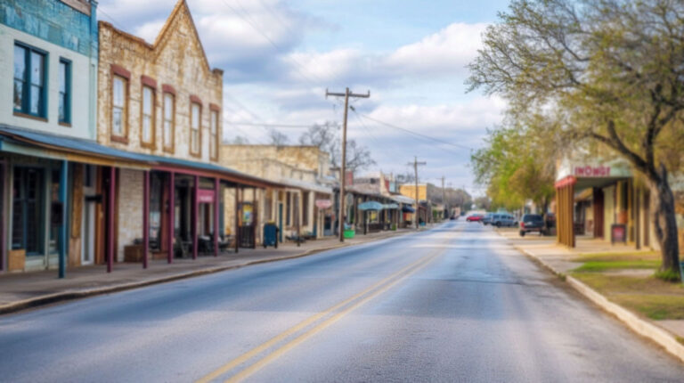 A quiet street in a small Texas town lined with historic brick and stone buildings, colorful storefronts, and a few parked cars under a partly cloudy sky